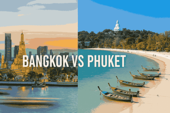 Bangkok vs Phuket travel comparison 2025 – skyline, beach, and iconic attractions of Thailand