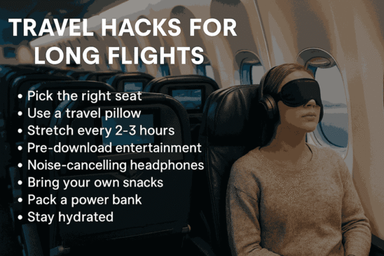 Infographic showing top travel hacks for long flights including comfort tips, sleep positions, in-flight food choices, and entertainment ideas – optimized for international flyers in 2025.