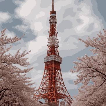 Tokyo Tower with Cherry Blossoms Under Cloudy Sky – Iconic Places to Visit in Tokyo 2025