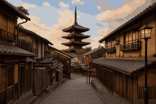 Traditional Kyoto street view – Ninenzaka in the Higashiyama District with historic wooden houses, lanterns, and cultural charm
