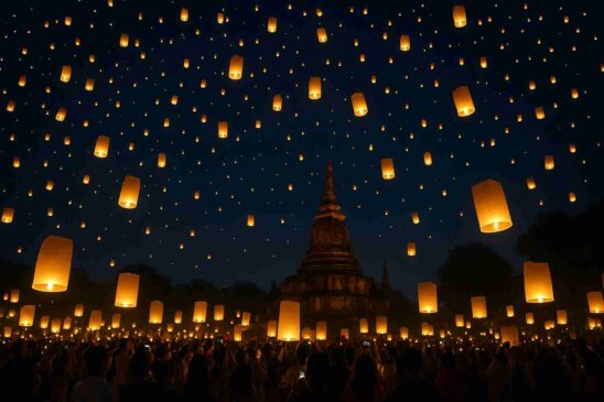 Yi Peng Lantern Festival Thailand 2025 – glowing paper lanterns floating in the night sky in Chiang Mai