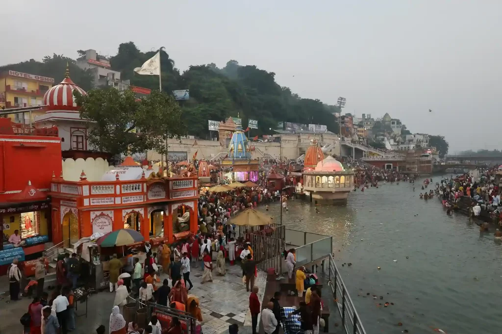Sacred view of Har Ki Pauri ghat on the Ganga river in Haridwar