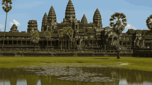 A high-resolution photo showcasing the ancient Angkor Wat temple complex in Cambodia during golden hour, ideal for travel blogs on the best places to visit in Cambodia.