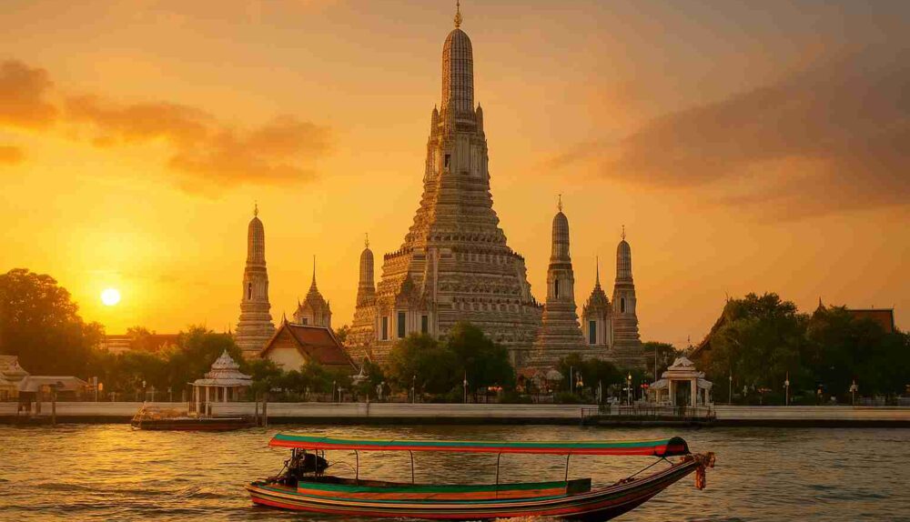 Scenic view of Thailand’s hidden tropical island with turquoise waters, limestone cliffs, and traditional long-tail boat – Thailand Travel Guide 2025